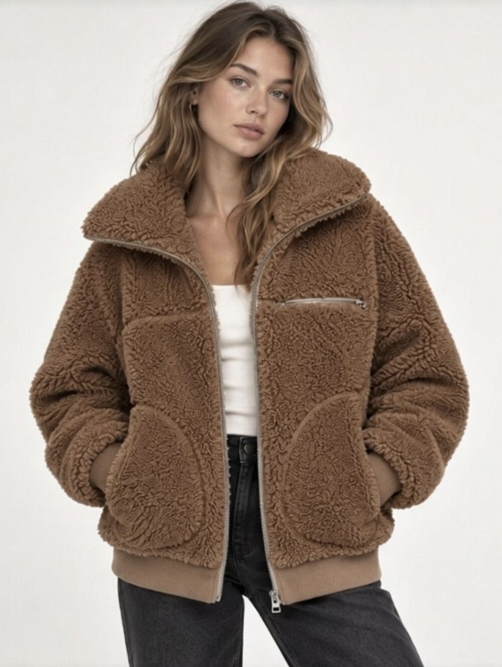 Aritzia Wilfred Free Brown Teddy Sherpa Jacket – Size XS – Cozy Zip-Up Fleece